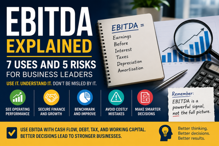 EBITDA explained featured image showing 7 uses and 5 risks for business leaders, with EBITDA formula, financial performance chart, cash flow warning, debt, tax, and working capital reminders.