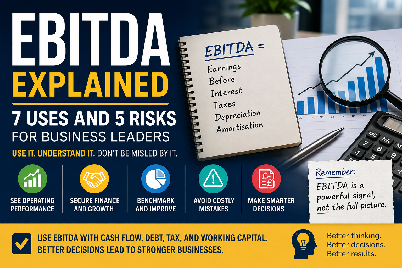 EBITDA explained featured image showing 7 uses and 5 risks for business leaders, with EBITDA formula, financial performance chart, cash flow warning, debt, tax, and working capital reminders.