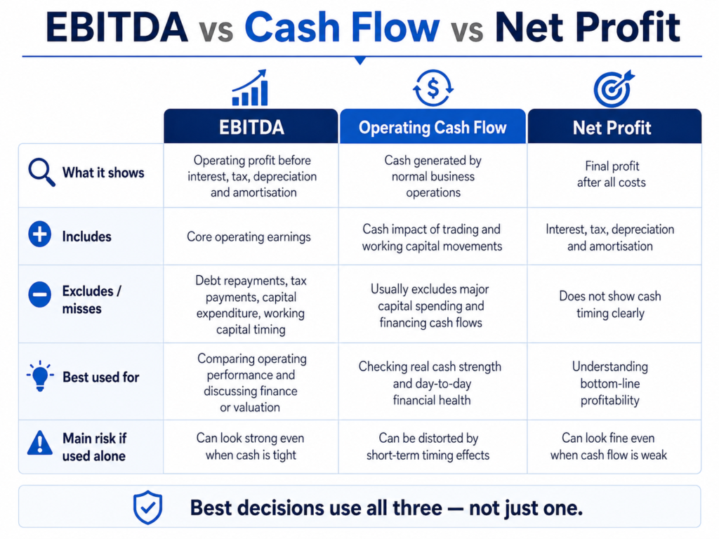 EBITDA vs cash flow vs net profit comparison table showing what each metric reveals, what it excludes, what it is best used for, and the main risk of using it alone.