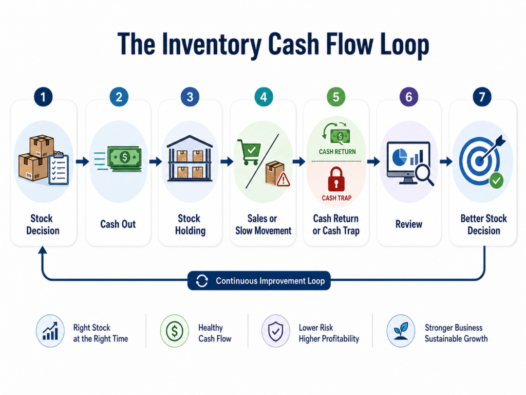 Inventory management cash flow loop showing stock decision, cash out, stock holding, sales or slow movement, cash return or cash trap, review, and better stock decision.