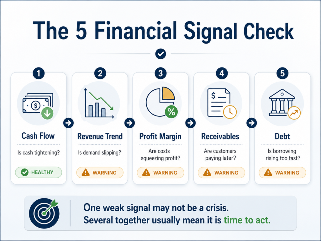 Infographic showing five financial warning signals: cash flow, revenue trend, profit margin, receivables, and debt