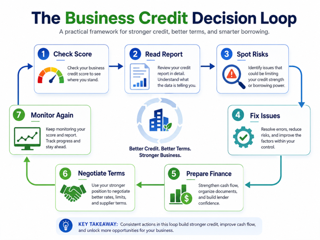 Business credit score diagram showing The Business Credit Decision Loop: Check Score, Read Report, Spot Risks, Fix Issues, Prepare Finance, Negotiate Terms, and Monitor Again.