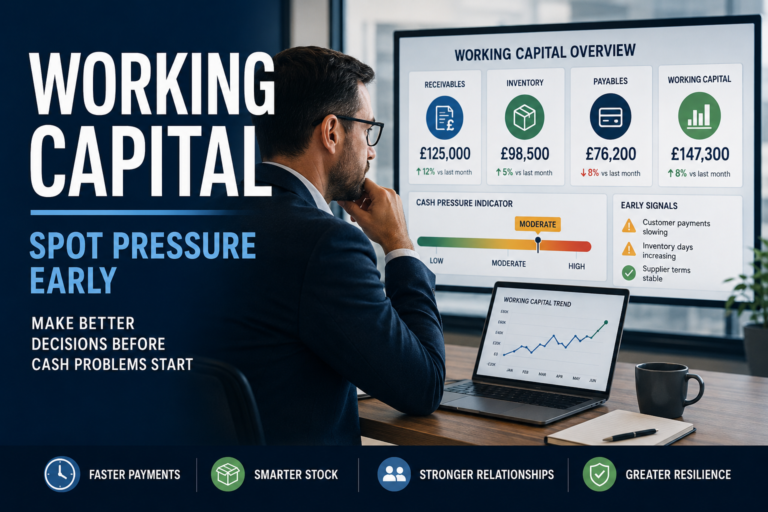 Business leader reviewing working capital dashboard with receivables inventory payables and cash pressure indicators