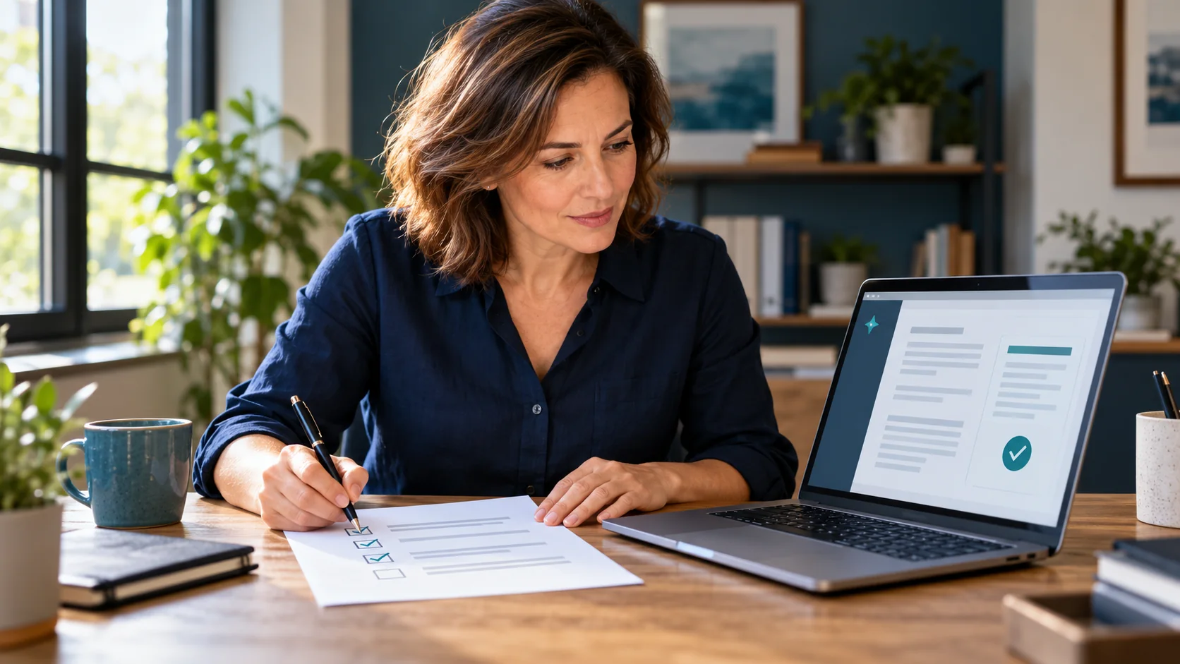Small-business owner reviewing an AI-assisted draft on a laptop beside a paper checklist.