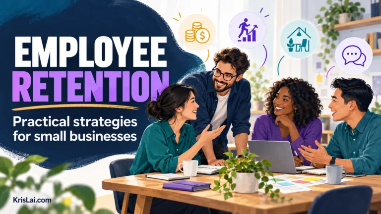 Illustrated small-business team discussing employee retention, with symbols for pay, development, working conditions and communication.