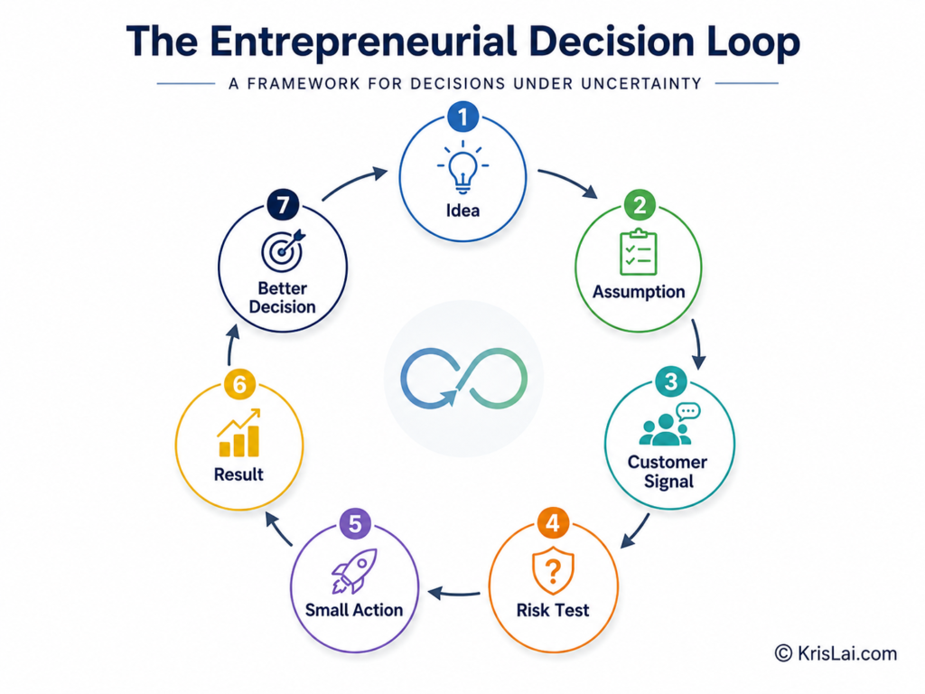 Entrepreneurial decision-making loop showing idea, assumption, customer signal, risk test, small action, result, and better decision.