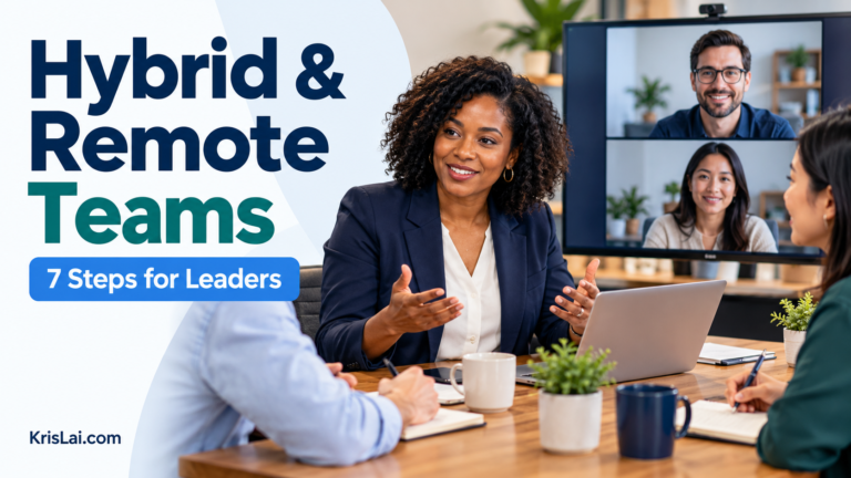 Team leader collaborating with office-based colleagues and remote participants on a video call.