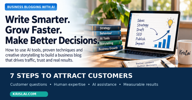 Business blogging with AI guide showing a laptop, strategy, business growth and seven steps to attract customers.