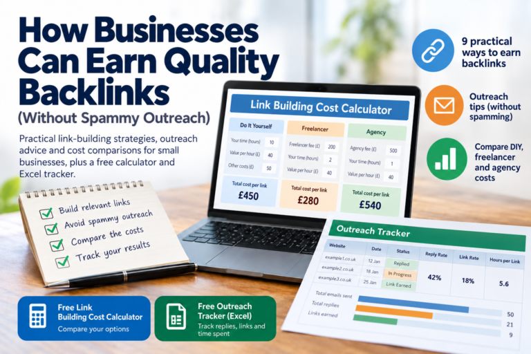 Business link building guide featuring a backlink cost calculator, outreach checklist and free Excel tracker
