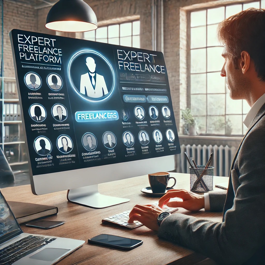 A business professional using a digital freelance platform on a sleek computer screen, connecting with expert consultants and independent talent.