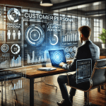 A business strategist analysing customer persona data on a digital dashboard with charts and audience segmentation graphs.