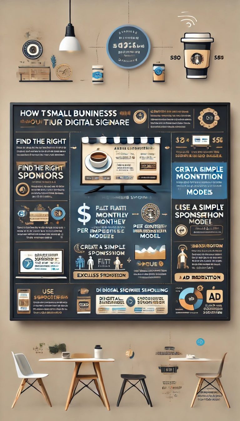 A sleek digital signage screen in a modern office, displaying dynamic business advertisements and promotional content.