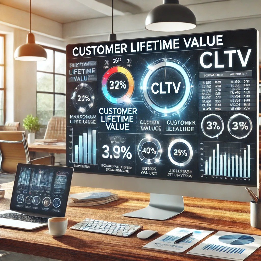 A modern business workspace with a marketing dashboard displaying customer lifetime value (CLTV) calculations, charts, and analytics, representing data-driven decision-making for long-term business growth.