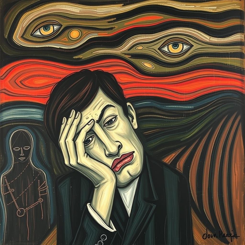 Modern interpretation of Edvard Munch's Anxiety, illustrating workplace anxiety related to AI integration