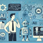 Employee confidently interacting with friendly AI technology, illustrating overcoming AI anxiety at work