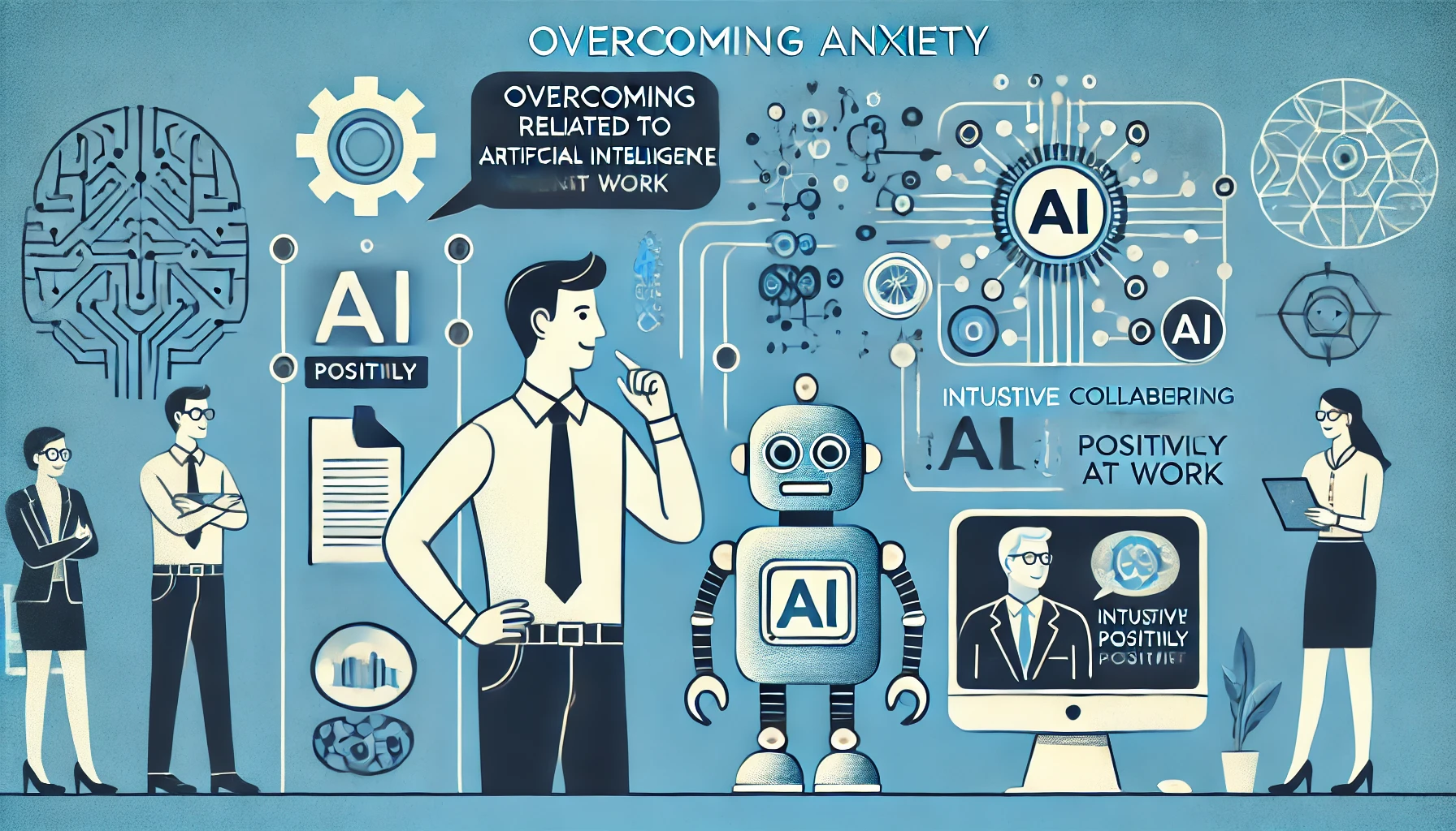 Employee confidently interacting with friendly AI technology, illustrating overcoming AI anxiety at work
