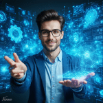 Image of a small business owner comparing profit engineering and profit management strategies with visuals of growth charts and business tools