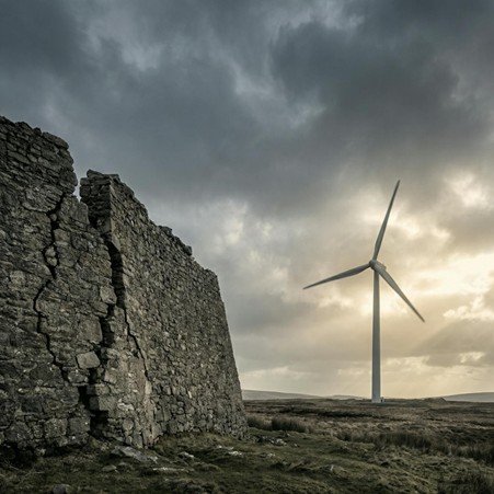 Modern wind turbine spinning strongly in powerful wind while a cracked stone wall stands rigid under dark storm clouds, symbolising adaptability versus resistance in business strategy.