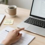 Professional workspace with a laptop showing a draft document and a sticky note saying โgood enough,โ symbolising overcoming perfectionism at work.