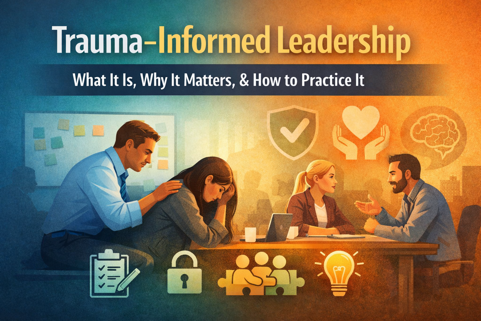 Leader supporting a distressed employee while colleagues collaborate, illustrating trauma-informed leadership in the workplace.