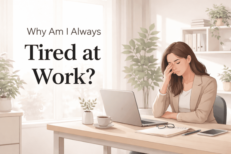 Tired businesswoman sitting at desk with laptop and coffee looking exhausted at work in a bright modern office