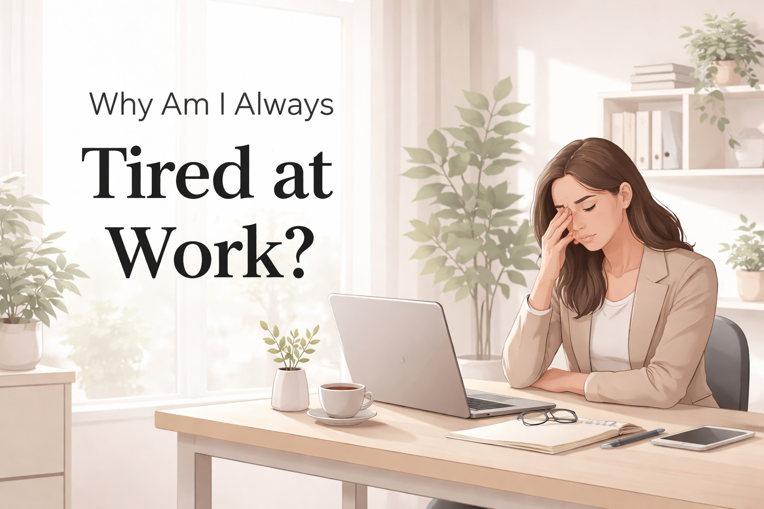 Tired businesswoman sitting at desk with laptop and coffee looking exhausted at work in a bright modern office