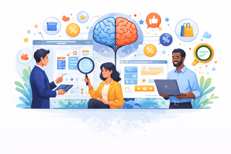 Behavioural economics in business illustration showing professionals analysing customer decision-making and consumer behaviour.