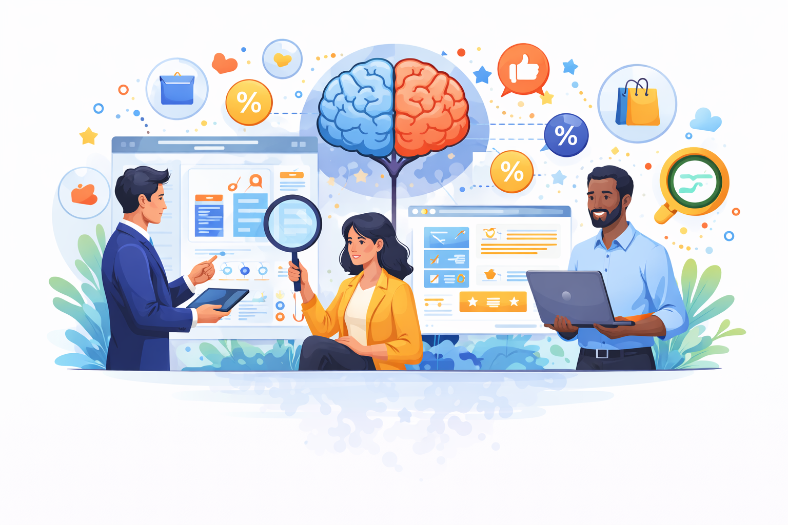 Behavioural economics in business illustration showing professionals analysing customer decision-making and consumer behaviour.