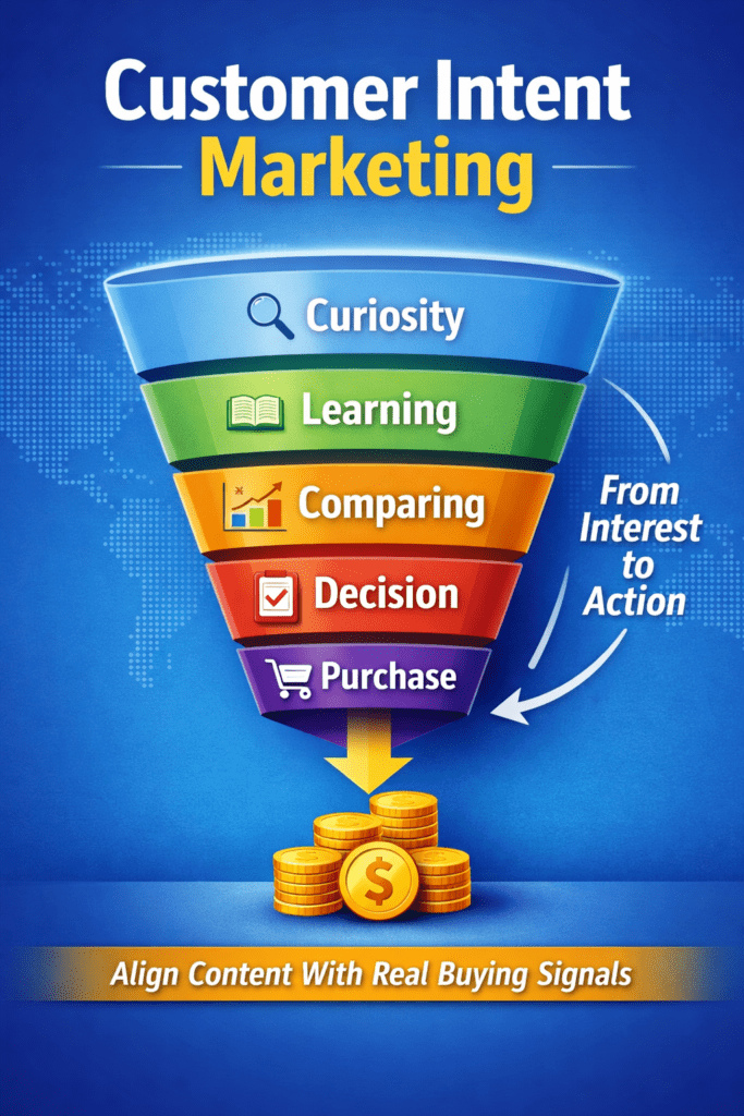 Customer intent marketing funnel showing stages from curiosity and learning to comparing, decision, and purchase.