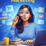 Curious customer researching products online with a magnifying glass, illustrating customer intent marketing and buying signals.