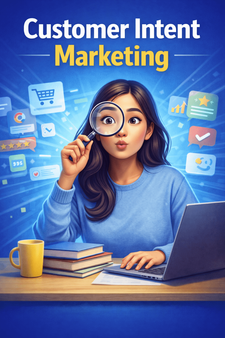 Curious customer researching products online with a magnifying glass, illustrating customer intent marketing and buying signals.