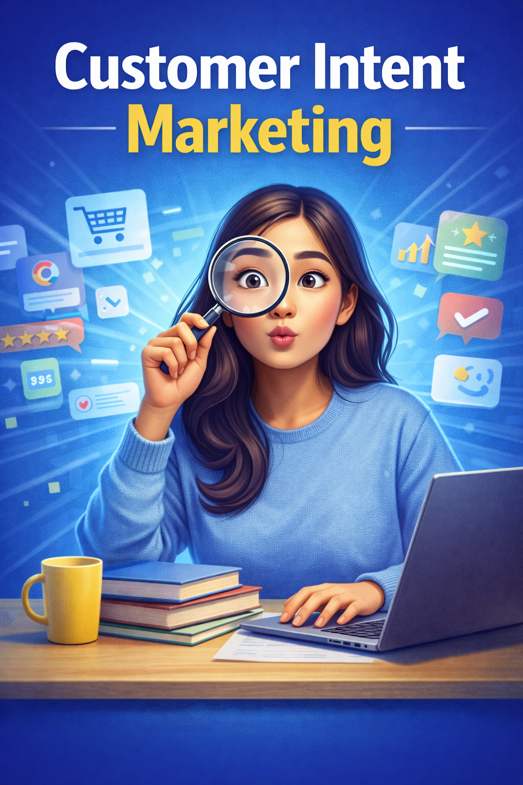 Curious customer researching products online with a magnifying glass, illustrating customer intent marketing and buying signals.