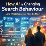 AI changing search behaviour illustration showing business leaders using AI-powered search, product comparisons, and answer-driven search results.