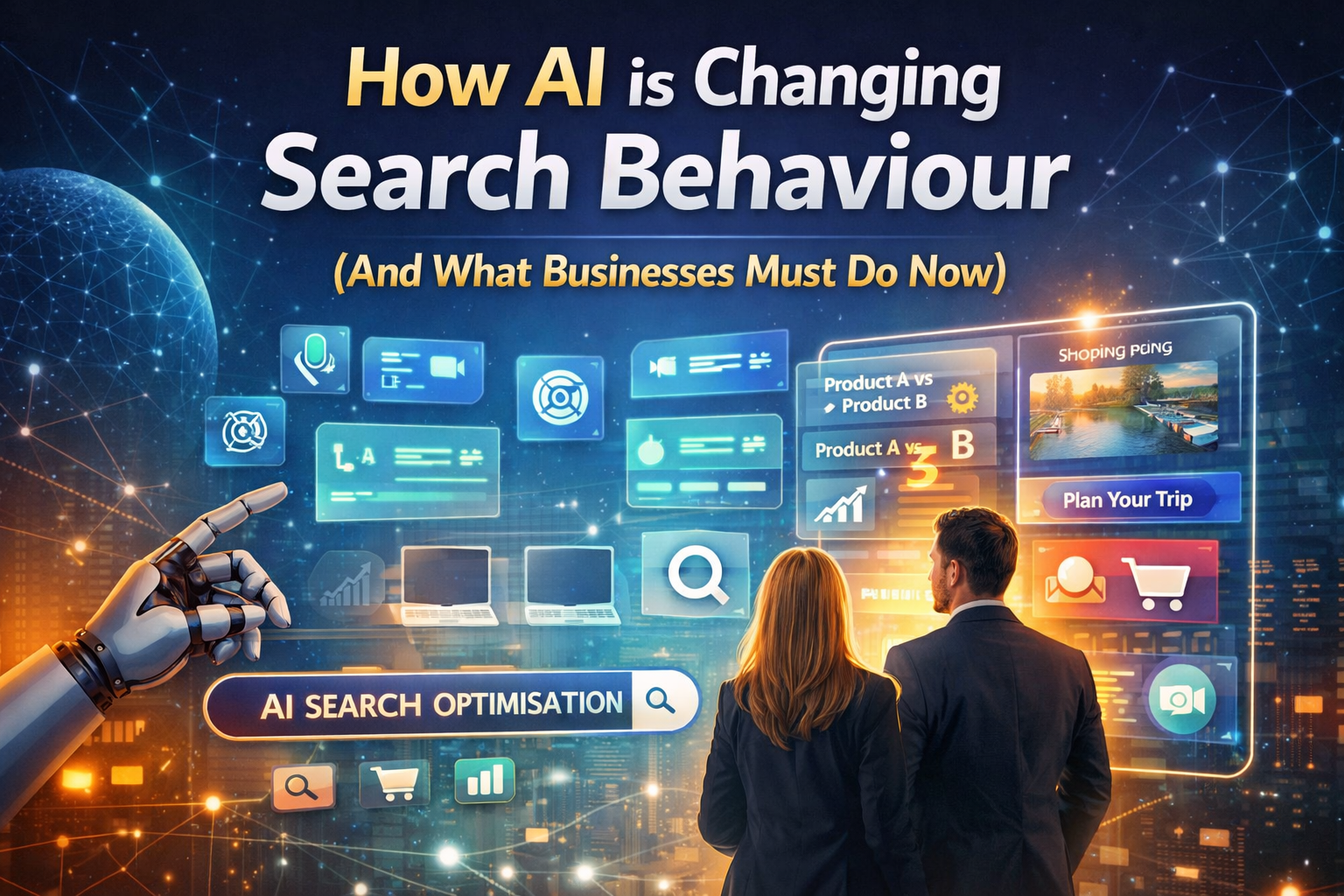 AI changing search behaviour illustration showing business leaders using AI-powered search, product comparisons, and answer-driven search results.