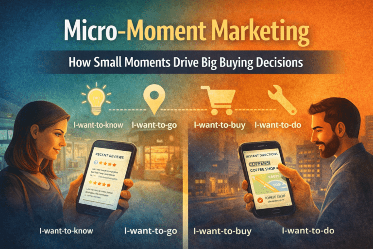 Illustration showing customers using smartphones for reviews and directions, representing micro-moment marketing and quick buying decisions.