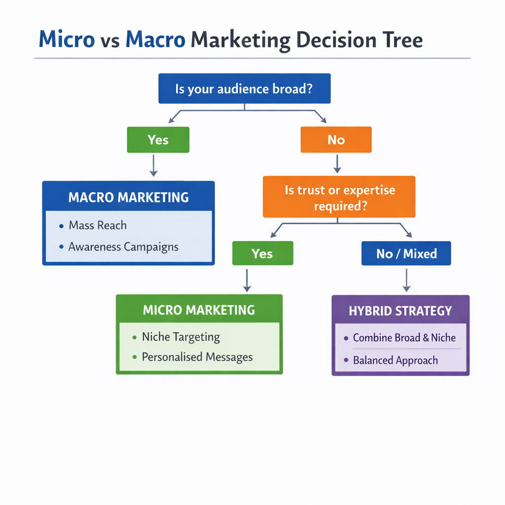 Decision tree infographic showing how businesses choose between micro marketing and macro marketing based on audience size, budget, and product type.