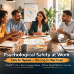 Team meeting demonstrating psychological safety at work with open discussion and respectful collaboration.