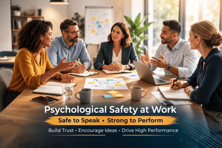 Team meeting demonstrating psychological safety at work with open discussion and respectful collaboration.