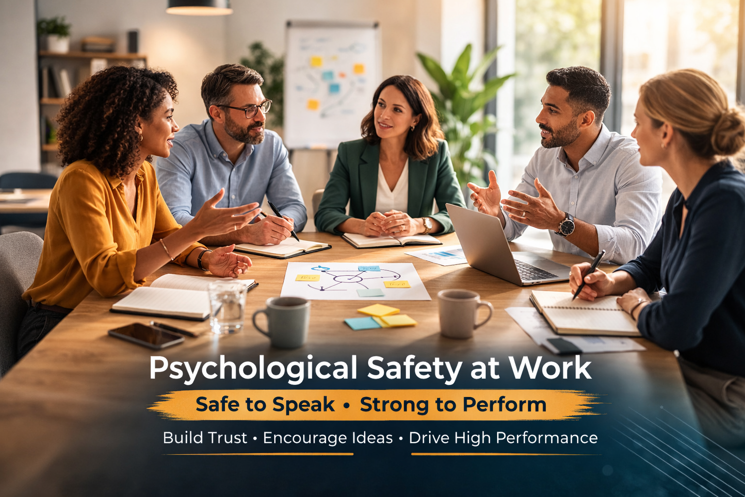 Team meeting demonstrating psychological safety at work with open discussion and respectful collaboration.