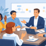 Illustration showing a leader encouraging open discussion in a team meeting, representing psychological safety leadership and high-trust workplace culture.