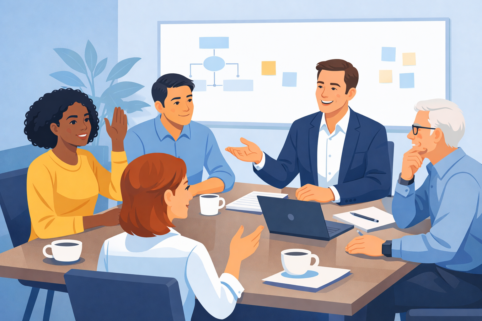 Illustration showing a leader encouraging open discussion in a team meeting, representing psychological safety leadership and high-trust workplace culture.