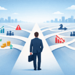 Illustration showing a business leader analysing branching decision paths, representing second-order thinking and anticipating long-term business consequences.