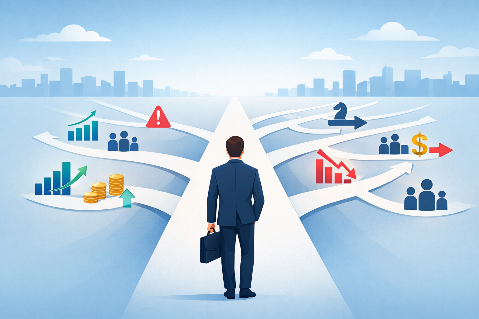 Illustration showing a business leader analysing branching decision paths, representing second-order thinking and anticipating long-term business consequences.