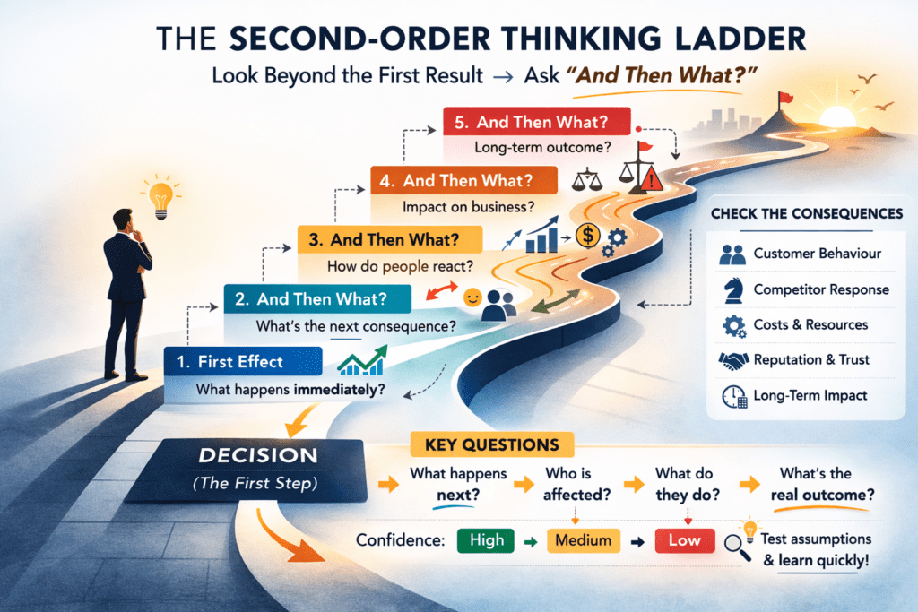 Second-order thinking ladder diagram showing how a decision leads to first effects and further consequences by repeatedly asking “and then what?”