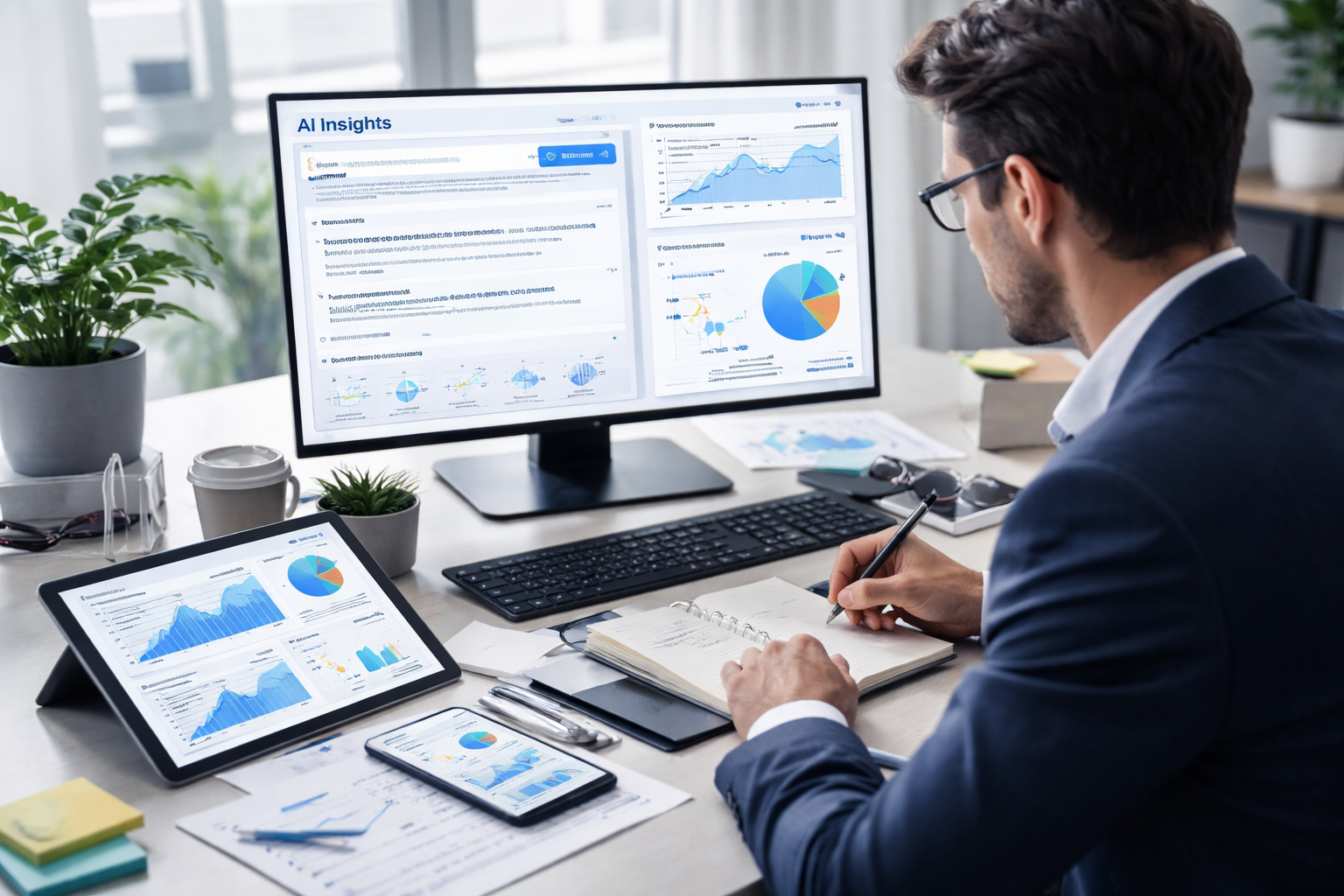 Business leader analysing AI search signals strategy data and decision pathways