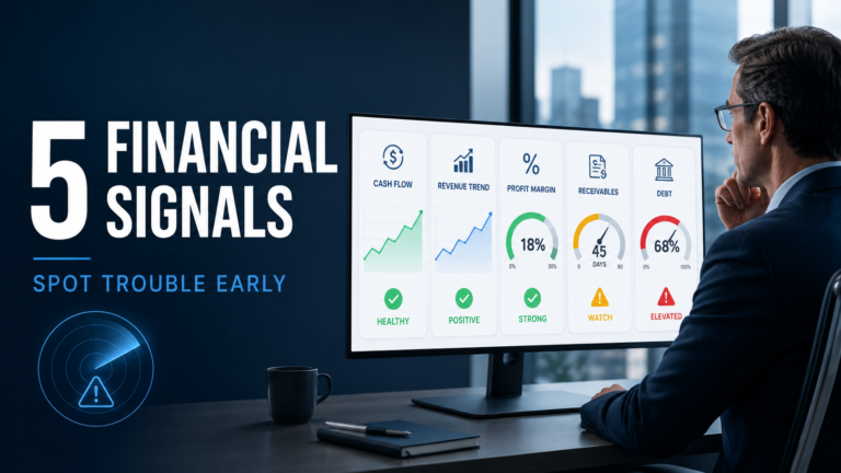 Business leader reviewing financial dashboard showing cash flow revenue margins receivables and debt warning signals