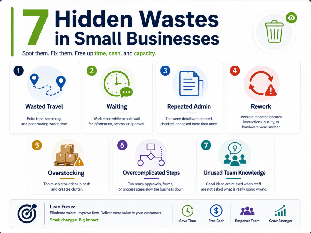 Lean management infographic showing 7 hidden wastes in small businesses: wasted travel, waiting, repeated admin, rework, overstocking, overcomplicated steps, and unused team knowledge.