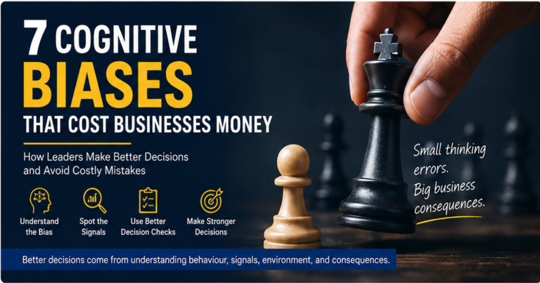 7 cognitive biases that lead to costly business decisions, showing a chess piece decision metaphor and leadership decision-making checks.