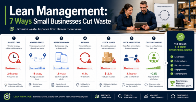 Lean management dashboard showing 7 ways small businesses cut waste, including wasted time, travel, admin, rework, stock issues, handovers, and customer value.