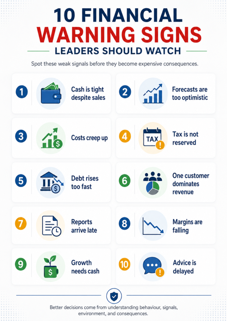 Infographic showing 10 financial warning signs leaders should watch, including tight cash flow, optimistic forecasts, rising costs, unreserved tax, rising debt, customer concentration, late reports, falling margins, growth cash needs, and delayed advice